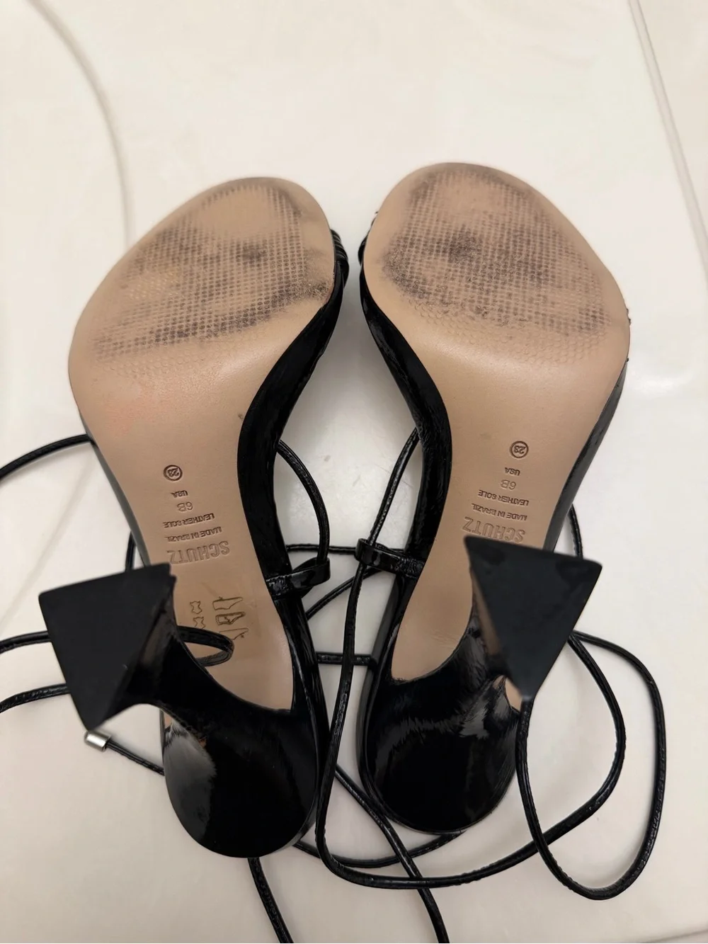 SCHUTZ Black Patent Strappy Lace-Up High Heel Sandal